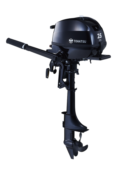 Motor de popa preto Tohatsu 2.5 HP com alavanca e hélice