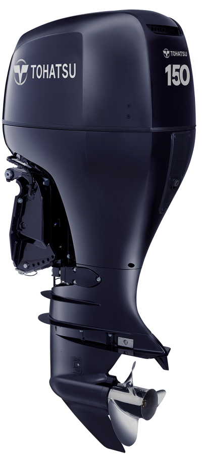 Motor de popa Tohatsu preto com hélice metálica prateada e texto 150
