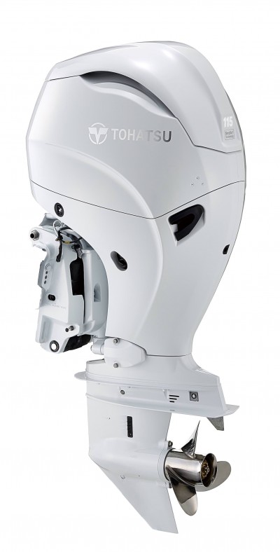 Motor de popa Tohatsu branco com hélice metálica