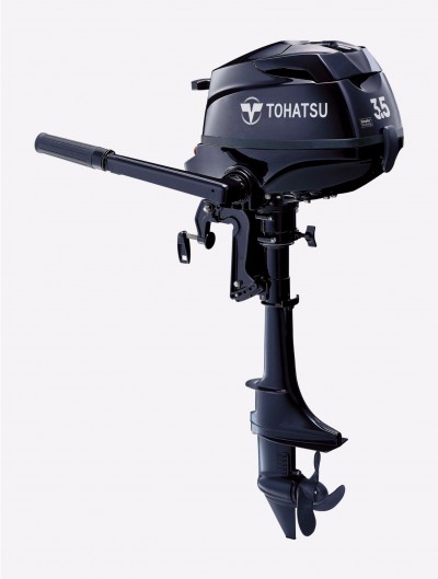 Motor de popa Tohatsu 3.5 HP preto em fundo branco