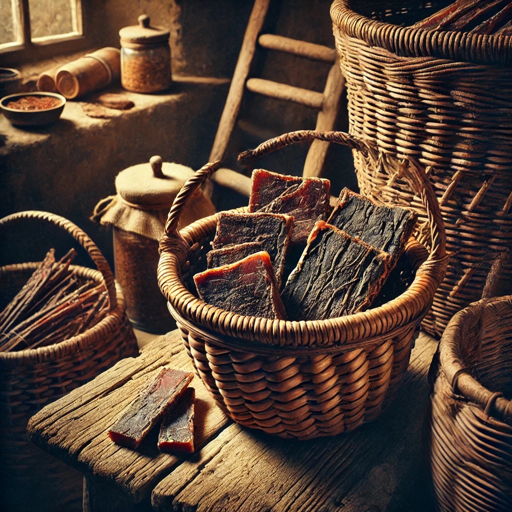 Cesta de verga com fatias de carne seca sobre mesa rústica