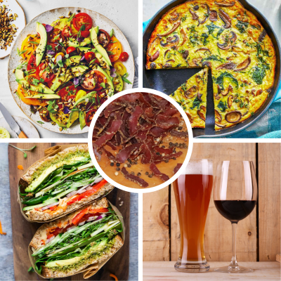 Colagem com salada, quiche, sanduíche e copos de cerveja e vinho.