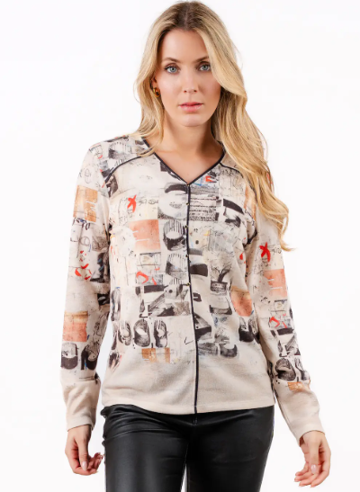 Camisola 131976 Camisola feminina manga comprida padrão abstrato bege preto laranja branco gola V