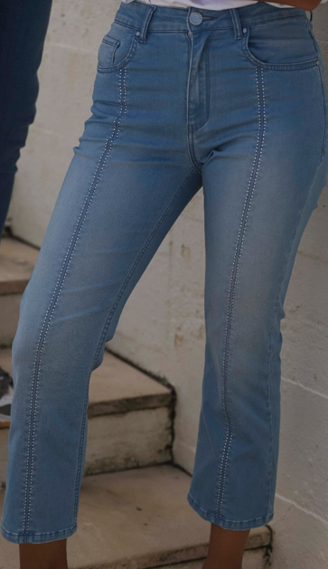 Calça de Ganga 210465 Calças de ganga azuis com costuras decorativas e bolsos frontais