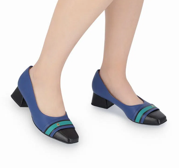 Sapato 700423 Sapatos de salto médio quadrado azul com biqueira preta e faixas verdes e azuis