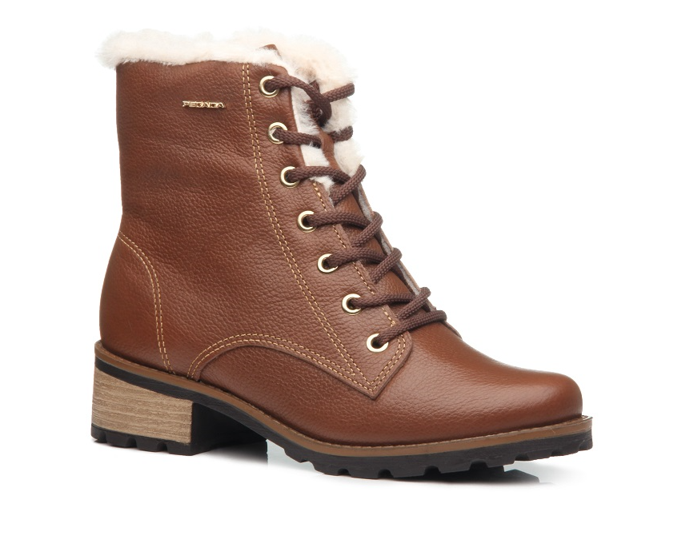 Bota 730083 Bota castanha de couro com atacadores e forro branco felpudo