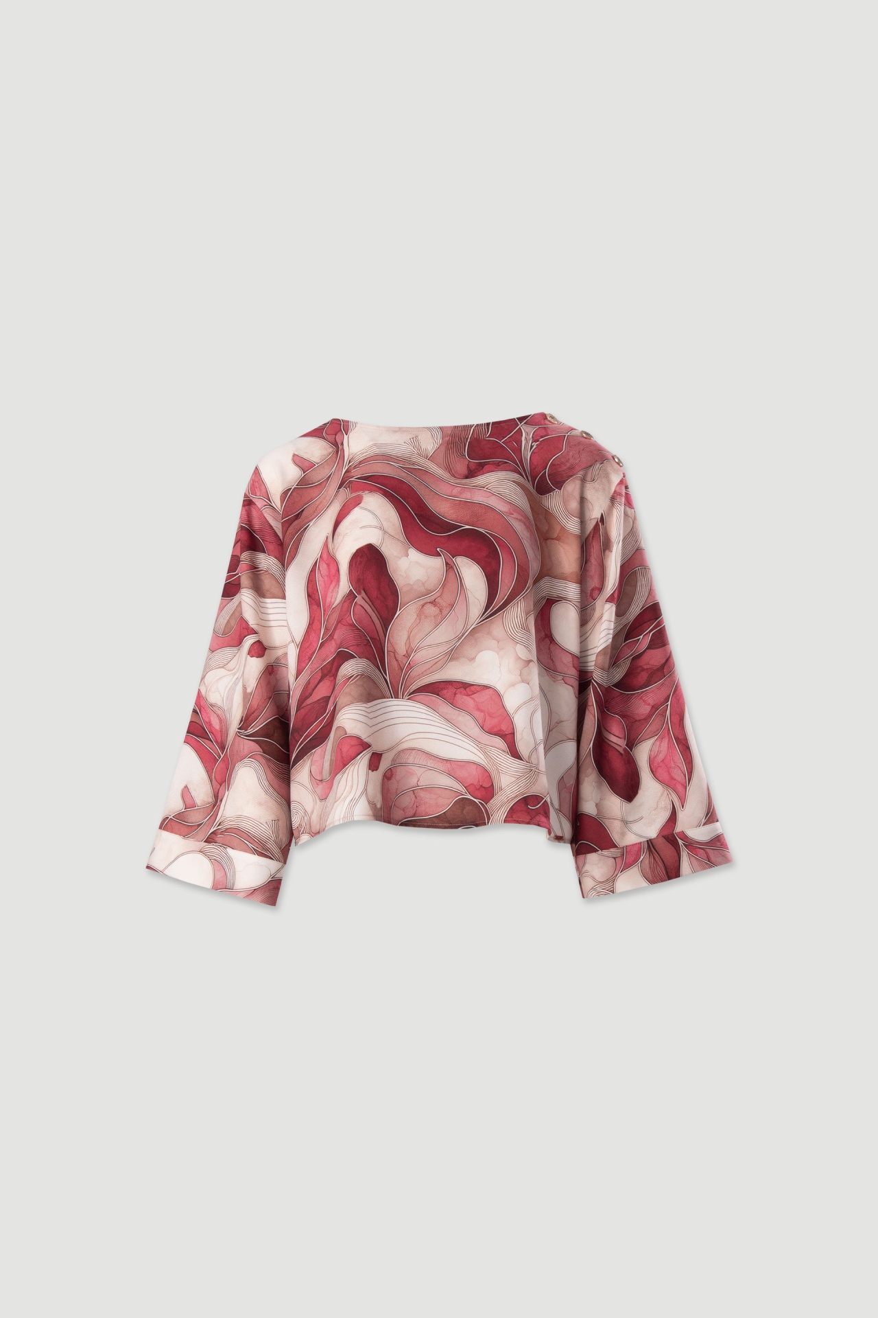 Blusa 101316 Blusa de manga comprida com padrão abstrato vermelho e rosa