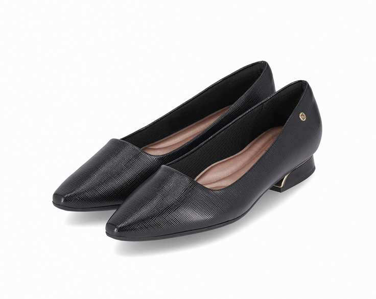 Sapato 700442 Sapatos femininos pretos com bico fino e salto baixo de textura tipo pele de réptil