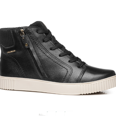 Bota desportiva preta de cano alto em pele com sola branca e fecho lateral