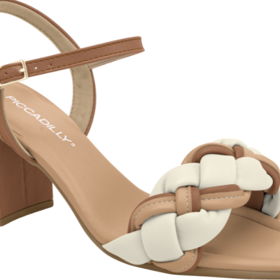 Sandália de senhora castanha e branca com salto quadrado e tira trançada