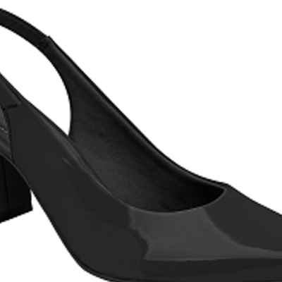 Sapato de senhora preto com tacão alto e alça com fivela dourada