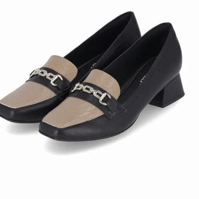 Sapatos de salto baixo preto e bege com detalhe metálico prateado