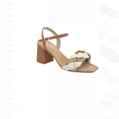 Sandália de salto castanho claro com tira entrelaçada branca e castanha