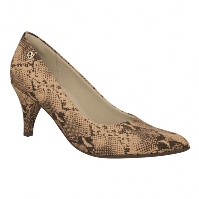 Sapato de salto alto com padrão pele de cobra castanho e bege