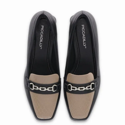 Sapatos mocassim femininos Preto e bege com detalhe metálico