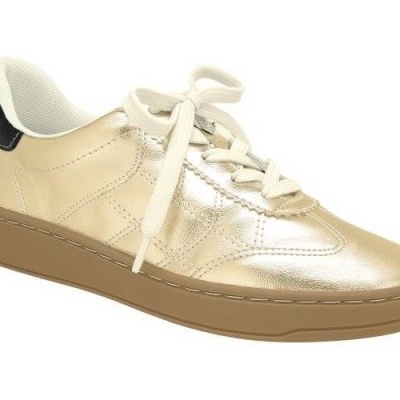 Ténis dourado de pele com solado castanho e detalhes em branco e preto