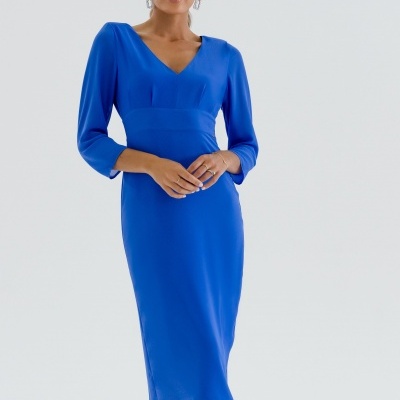 Vestido azul midi com decote em V e mangas compridas