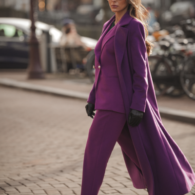 Mulher a usar casaco comprido e fato roxos com luvas pretas e óculos escuros numa rua urbana