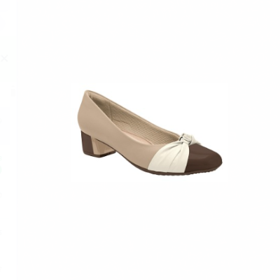 Sapato feminino de salto médio em bege, branco e castanho com detalhe de nó