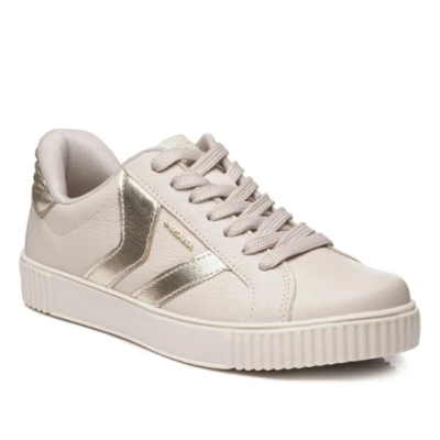 Tênis creme com detalhes dourados e sola branca