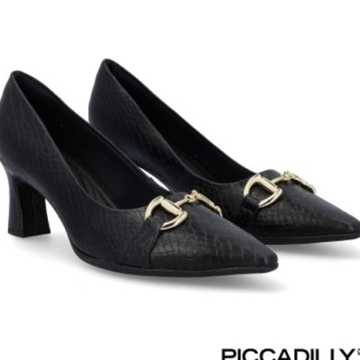 Sapatos de salto médio pretos texturizados com detalhe metálico dourado