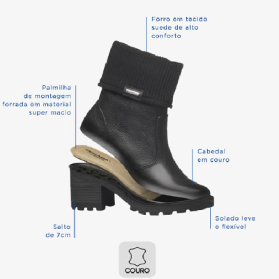 Bota preta em couro com salto alto, sola preta, palmilha bege e cano em tecido preto dobrado