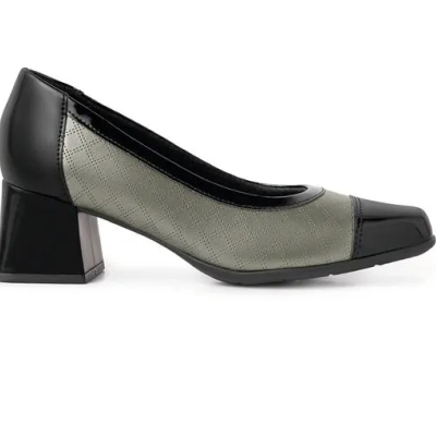 Sapato de salto médio quadrado preto e cinzento com padrão cruzado