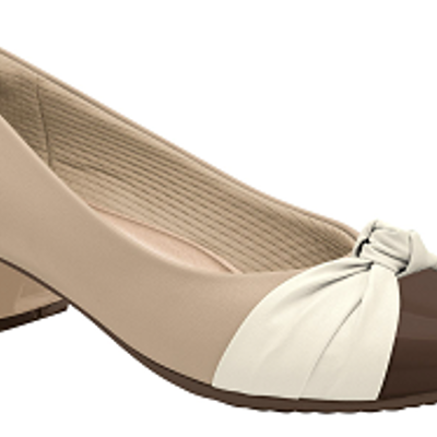 Sapato de senhora bege e castanho com nó branco e salto baixo