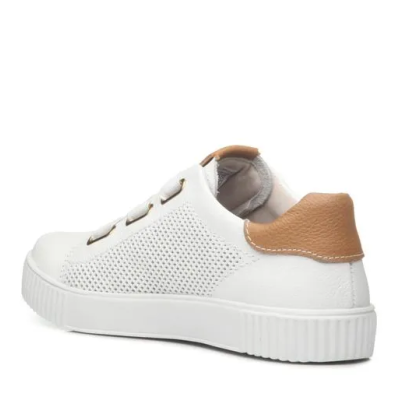 Ténis branco com detalhe castanho claro no calcanhar e solado branco