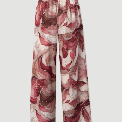 Calças longas com padrão abstrato em vermelho, bege, castanho e branco