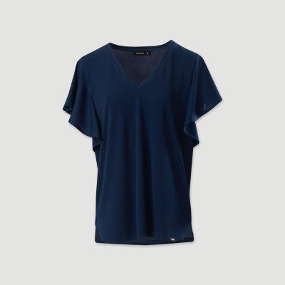 T-shirt feminina azul escuro com decote em V e mangas curtas largas