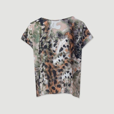 T-shirt de manga curta padrão abstrato tons verdes castanho branco preto