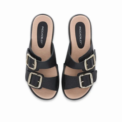Chinelos femininos pretos com duas fivelas douradas e palmilha bege