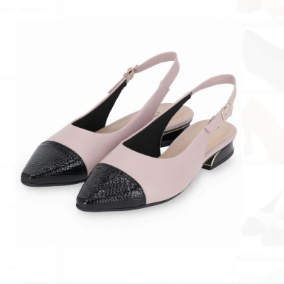 Sapatilhas femininas rosa claro e preto com biqueira texturizada e salto baixo quadrado