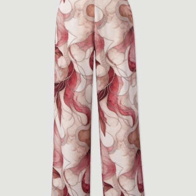 Calças largas com padrão abstrato em tons de vermelho, rosa e bege