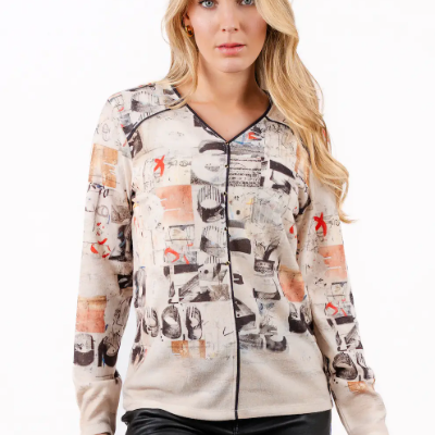 Camisola feminina manga comprida padrão abstrato bege preto laranja branco gola V