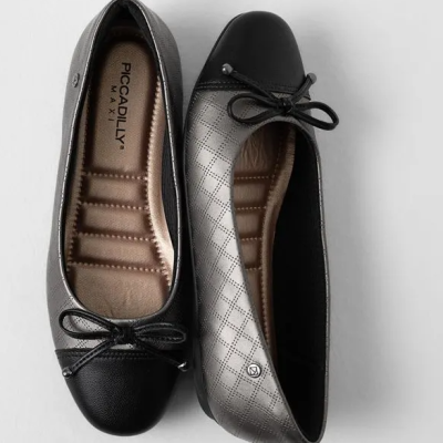 Sapatilhas femininas Piccadilly em preto e cinza com laço