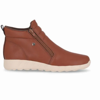 Botim de senhora castanho com fecho de correr lateral e sola bege