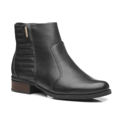 Botim feminino preto em pele com salto castanho e lateral acolchoada