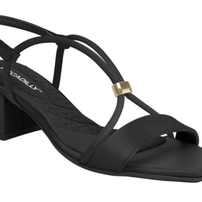 Sandália preta de tacão bloco com tiras finas e detalhe dourado