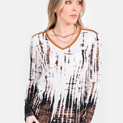 Camisola feminina tie-dye castanha e branca de manga comprida com decote em V
