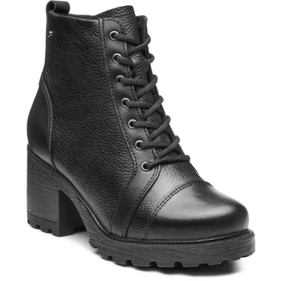 Botim feminino preto em pele com atacadores pretos e salto grosso