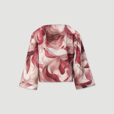 Blusa feminina com padrão abstrato rosa e vermelho e mangas largas