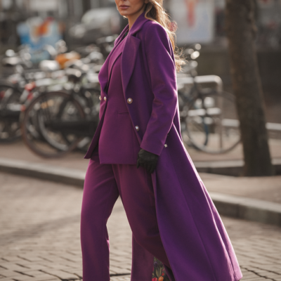 Mulher com conjunto roxo e óculos escuros a caminhar na rua com bicicletas ao fundo