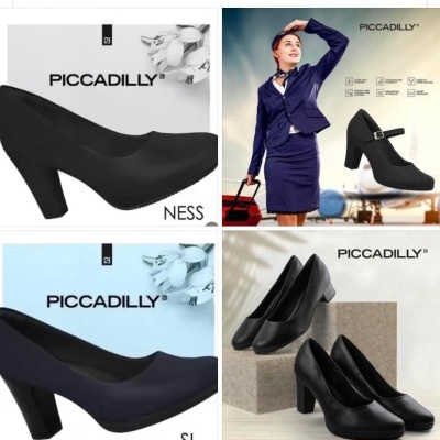 Sapatos de salto alto pretos da marca PICCADILLY em diferentes modelos e cenários promocionais