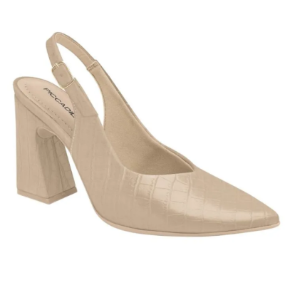 sapato de salto alto bege com textura e alça traseira ajustável