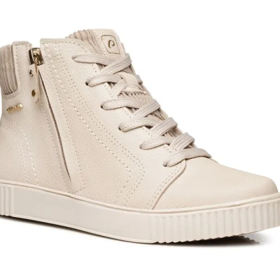 Ténis botim feminino bege claro com sola branca e fecho lateral