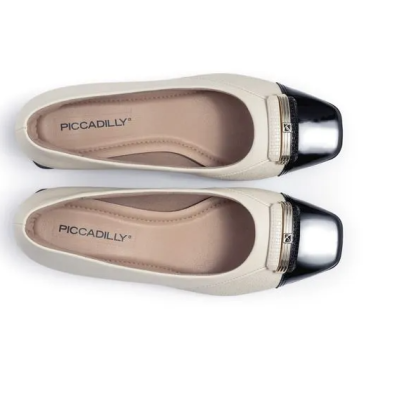 Sapatos rasos senhora PICCADILLY bege com biqueira preta metalizada e detalhe dourado