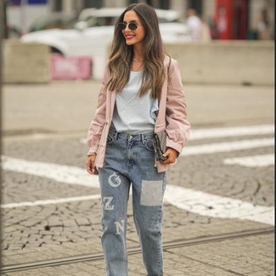Mulher de estilo casual com calças de ganga e blazer rosa junto a estrada na cidade