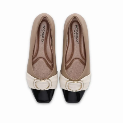 Sapatilhas Piccadilly em bege, preto e branco com laço e fivela dourada